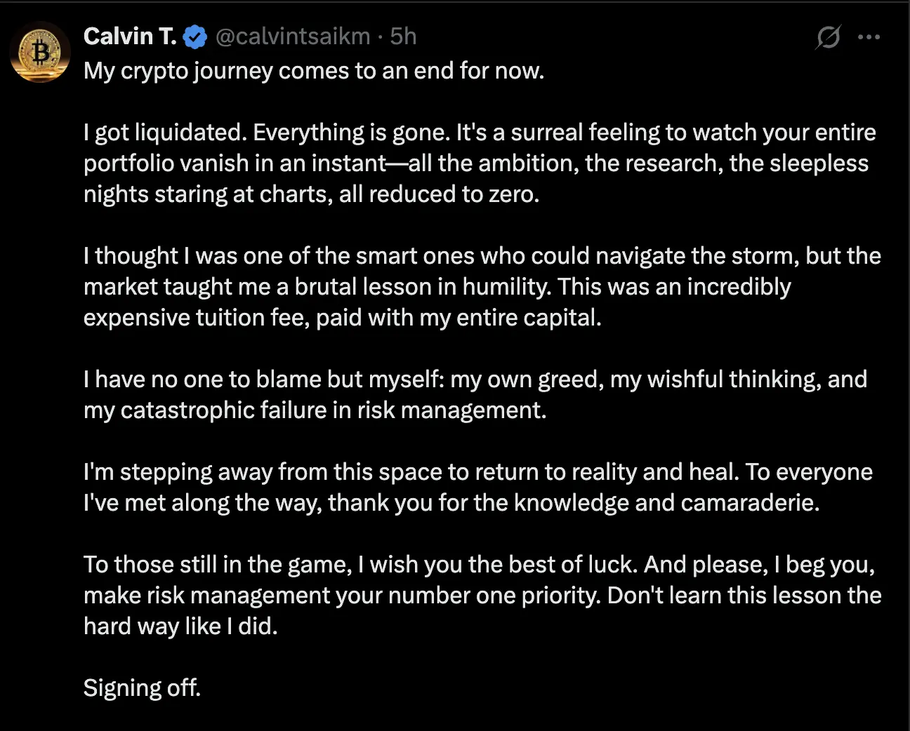 本港知名加密貨幣交易員Calvin T. (蔡嘉民) 宣佈全盤爆倉，暫別Crypto 市場！ | LIHKG 討論區